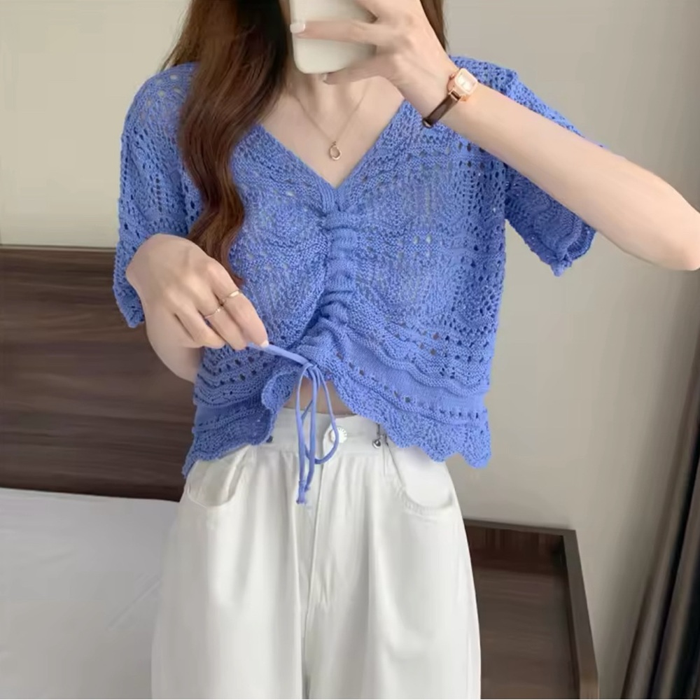 Crochet V Neck Knit Top Short Sleeves